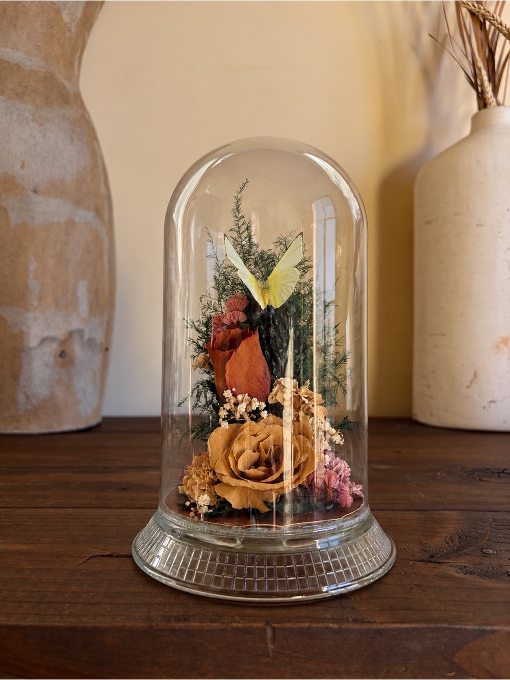 Vtg 70s Glass Cloche Dried Flowers Butterfly Taxidermy Display Cottagecore